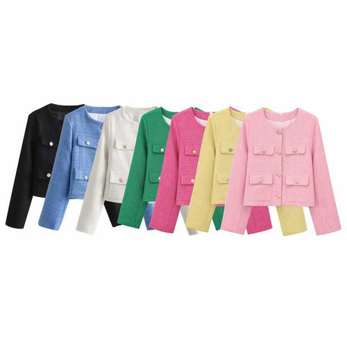 Fashionable tweed jacket for women with golden buttons and practical pockets Amarae