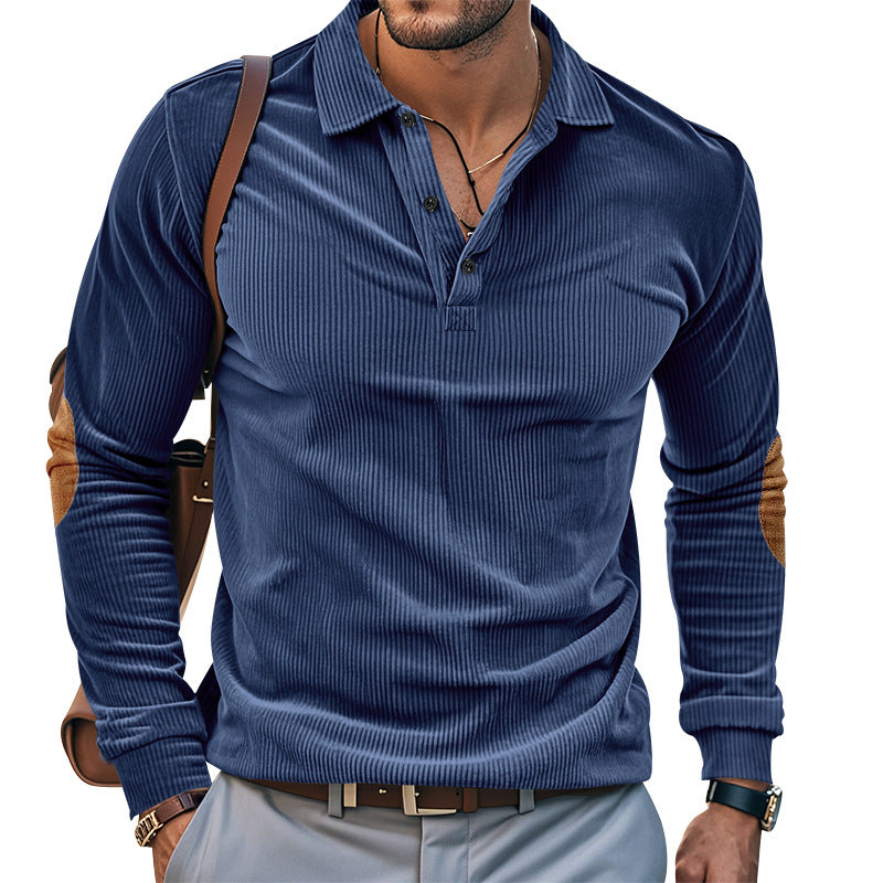 Casual long sleeve Henley T-shirt for men in textured ribbed fabric with contrasting elbow patches Lune London