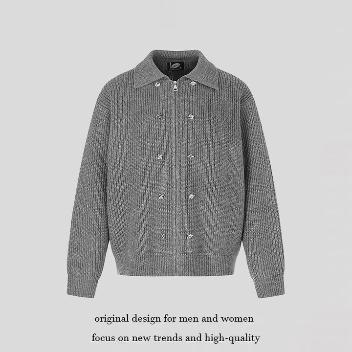 Women's chunky knit zip jacket with shirt collar and decorative buttons Amarae