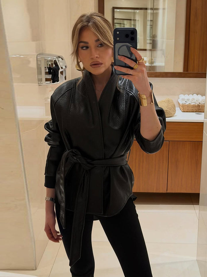 Women's Tailored Leather Jacket with Wrap Belt and Kimono Collar Amarae