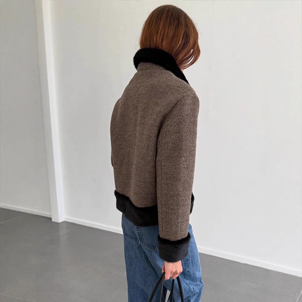 Women's Short Cut Boxy Wool Blend Coat with Contrast Faux Fur Trim Amarae