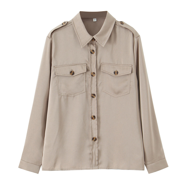 Women's oversized shirt blouse with applied breast pockets and shoulder epaulettes Amarae