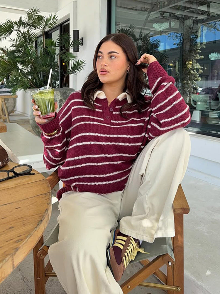 Women's Oversized Knit Sweater with Polo Collar & Stripe Pattern Amarae