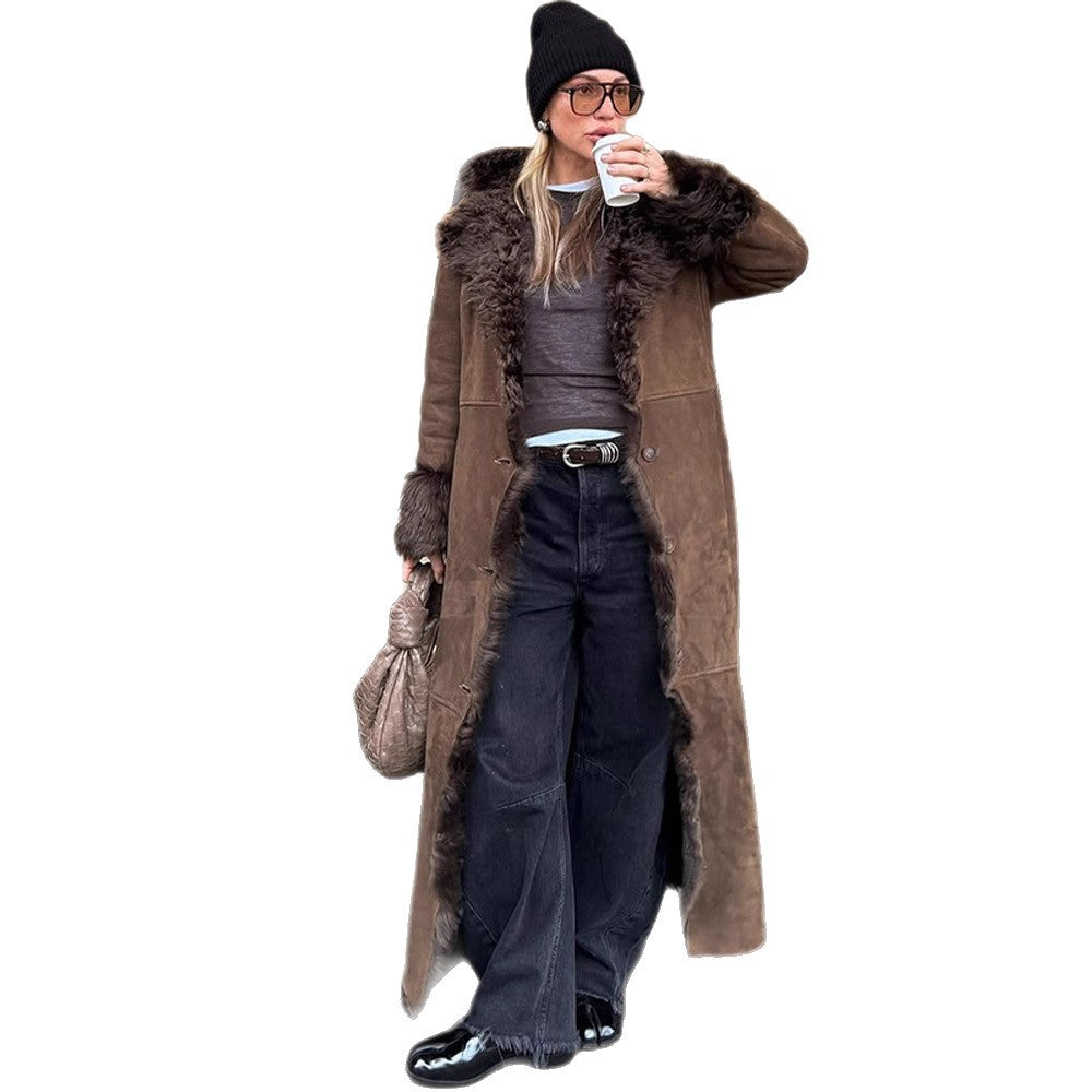 Women's Maxi-Length Faux Velvet Coat in Shearling Style with Shawl Collar and Button Placket Amarae