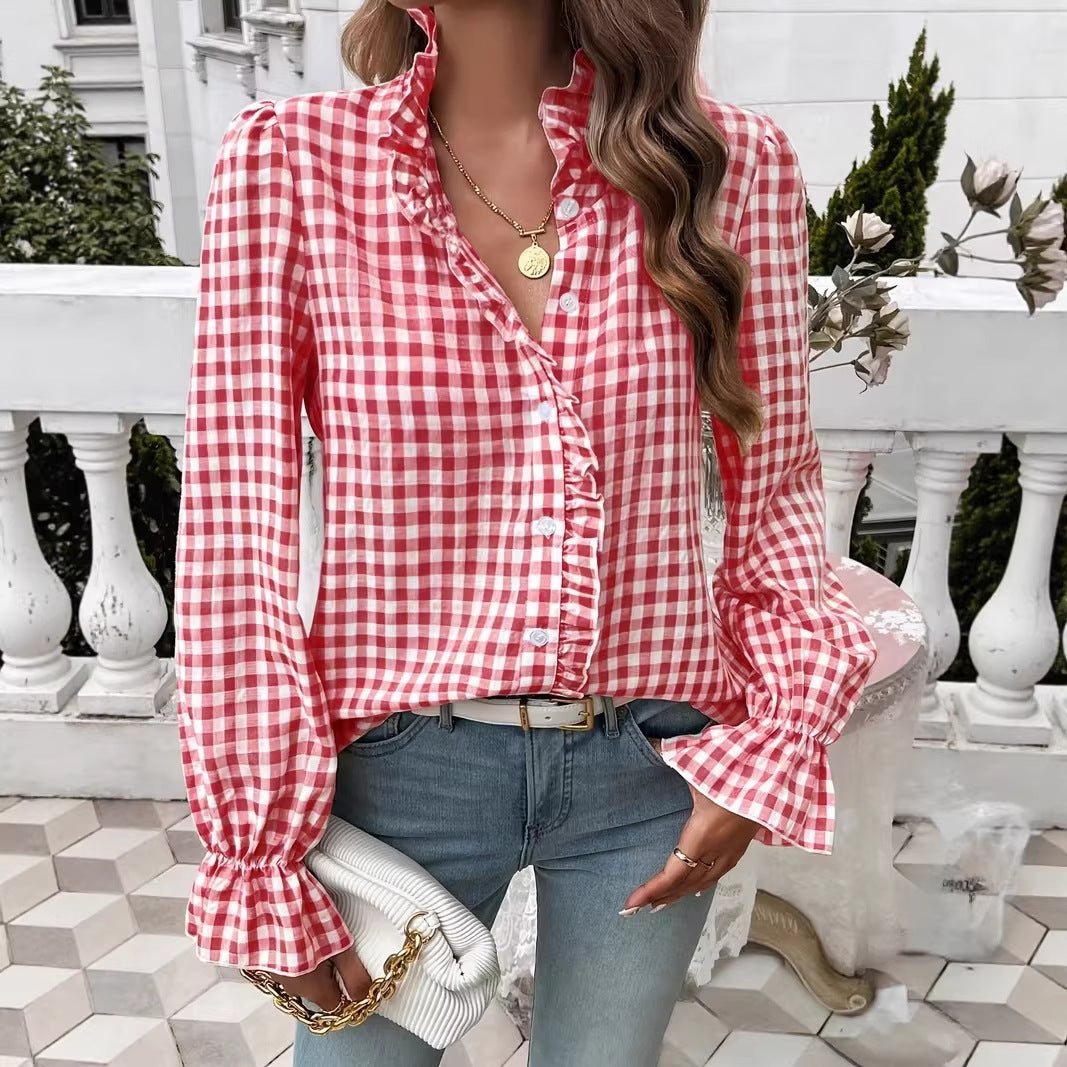 Women checked ruffled blouse with stand-up collar, concealed button placket and bell sleeves Amarae