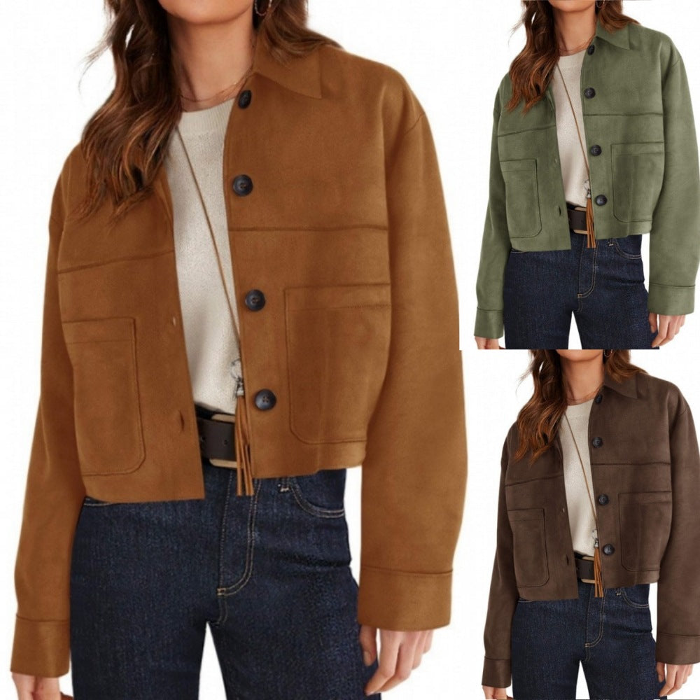 Women's short suede-look jacket with patch pockets and shirt collar Amarae