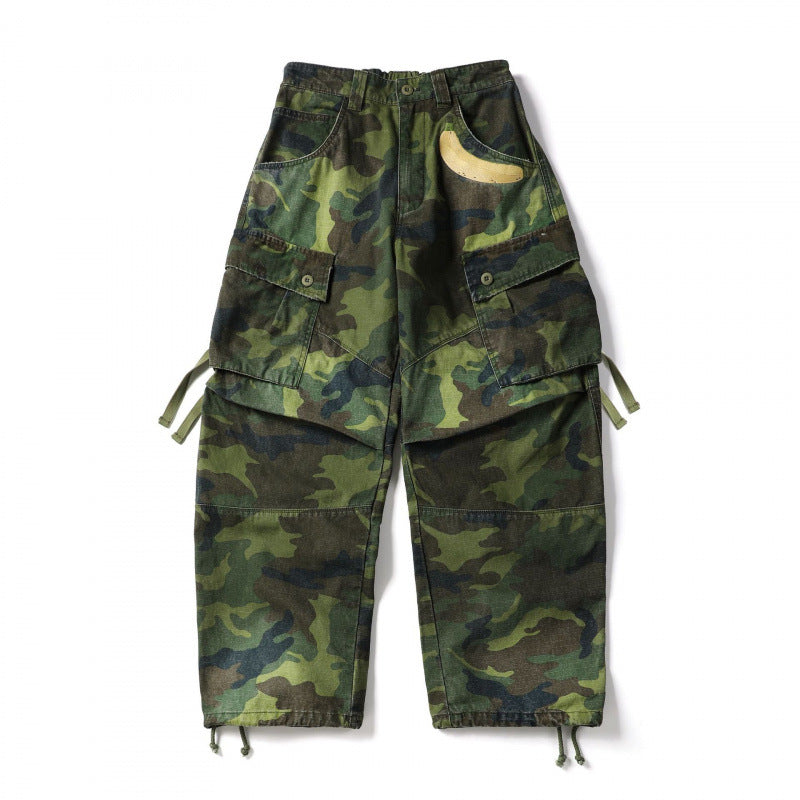 Unisex locker cut cargo pants with banana appliqué, large patch pockets and adjustable hem Amarae