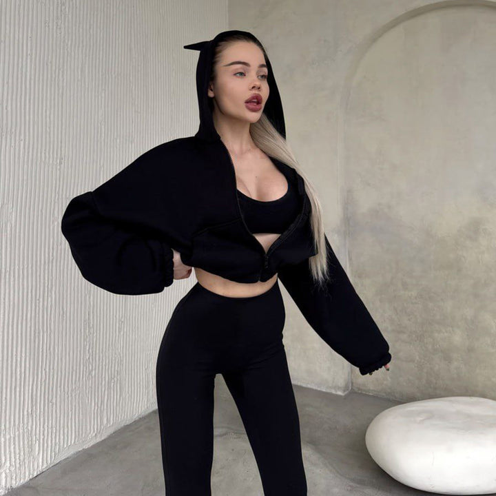 Cropped hooded jacket for women with a unique ears design Lune London