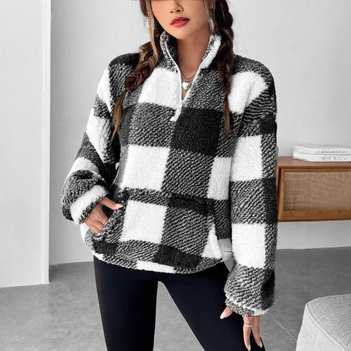 Ladies Plush Tartan Sweater with Half Zip Amarae