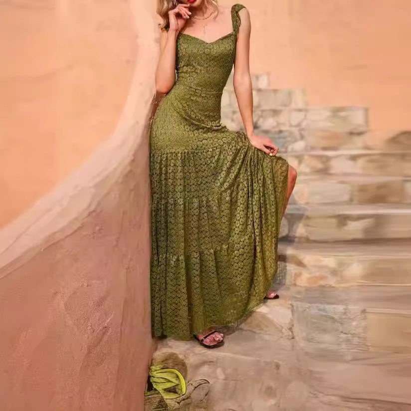 Maxi dress for women with exquisite crochet structure and a flowing skirt Lune London