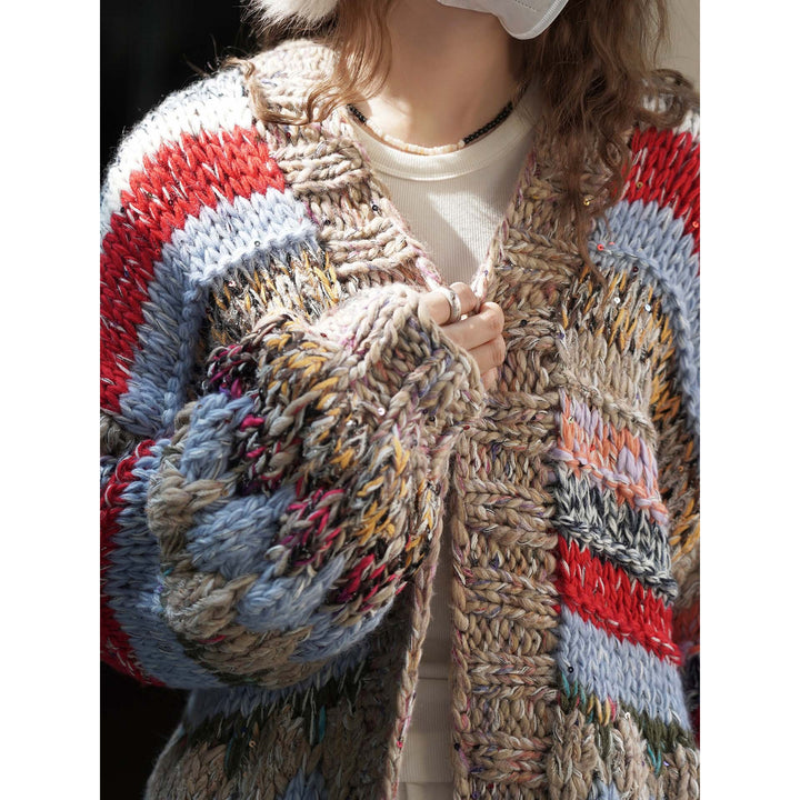 Women's chunky knit oversized cardigan with colorful block stripes and voluminous sleeves Amarae
