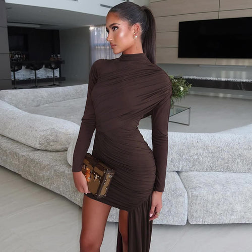 Sculptural mini dress for women with asymmetric skirt and elegant high collar Amarae