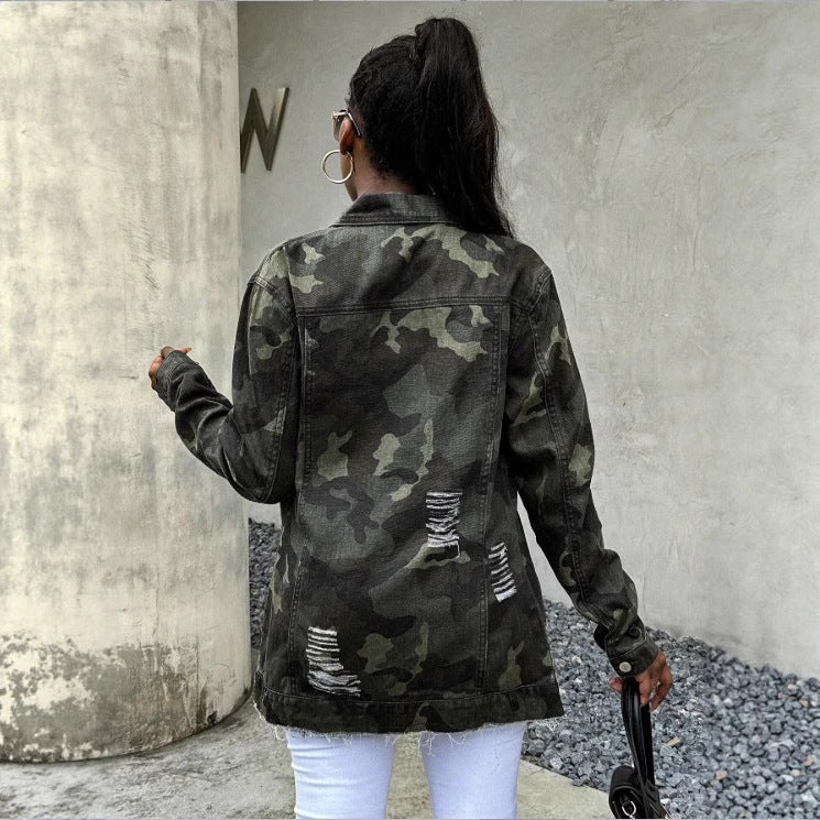 Women Oversize Camouflage Denim Jacket in Extended Cut with Frayed Hem Amarae