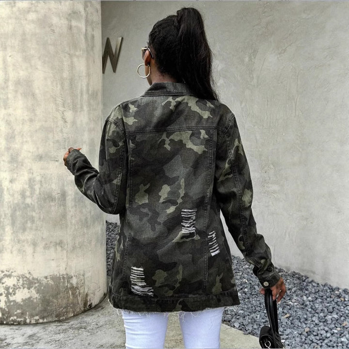 Women Oversize Camouflage Denim Jacket in Extended Cut with Frayed Hem Amarae