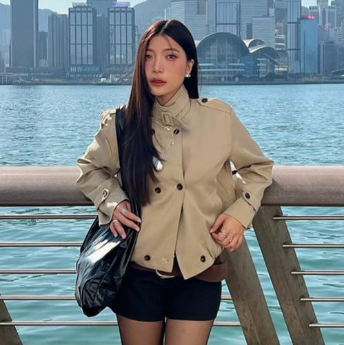 Women’s short jacket in Harrington style with stand-up collar, chin strap, and elastic waistband Amarae