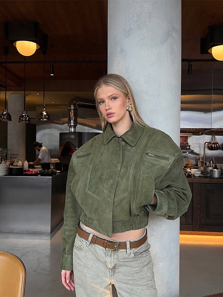 Women's Short Suede Bomber with Elastic Waist and Dropped Shoulder Amarae