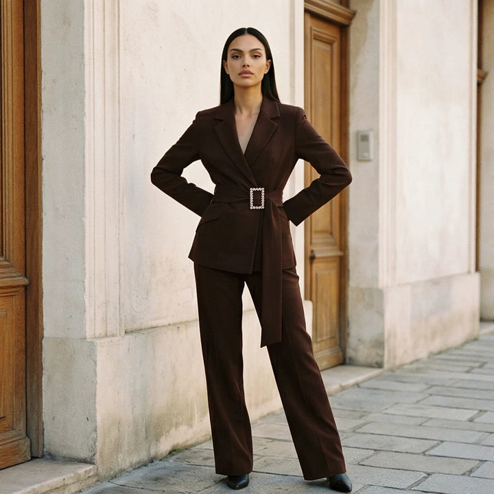Ladies fitted wrap blazer with pearl belt buckle and slim suit trousers Amarae