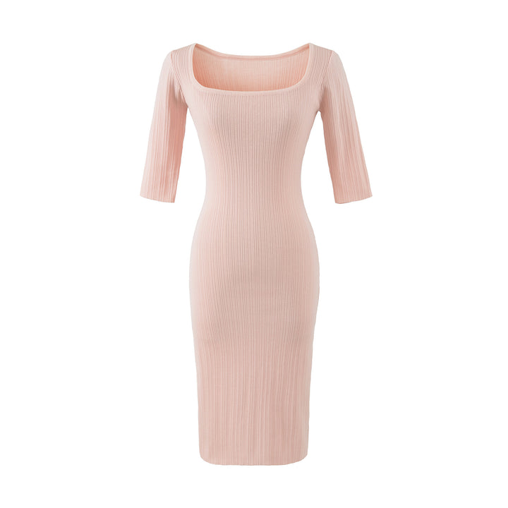 Women's Ribbed Midi Dress with Square Neckline and Three-Quarter Sleeves Amarae