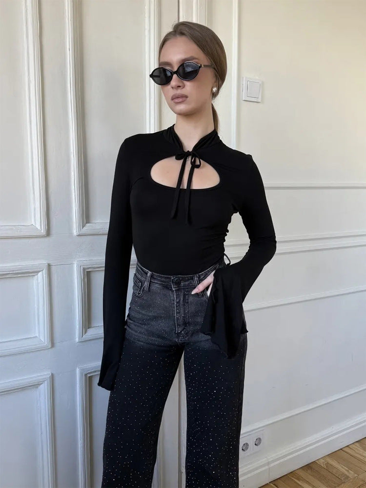Women's Tailored Long Sleeve Shirt with Cut-Out and Flared Ruffle Sleeves Amarae