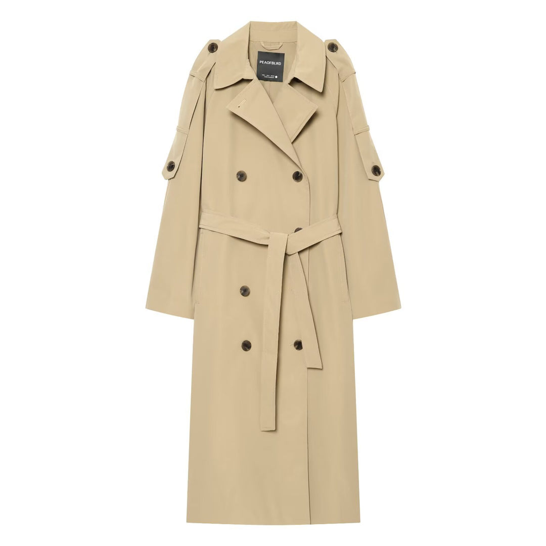 Women Double-breasted Trench Coat with Removable Cape Sleeves and Waist Belt Amarae