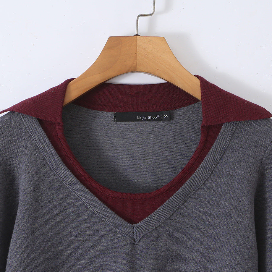 Women’s Two-Piece Fine Knit Set with V-Neck, Contrasting Collar and Pleated Mini Skirt Amarae