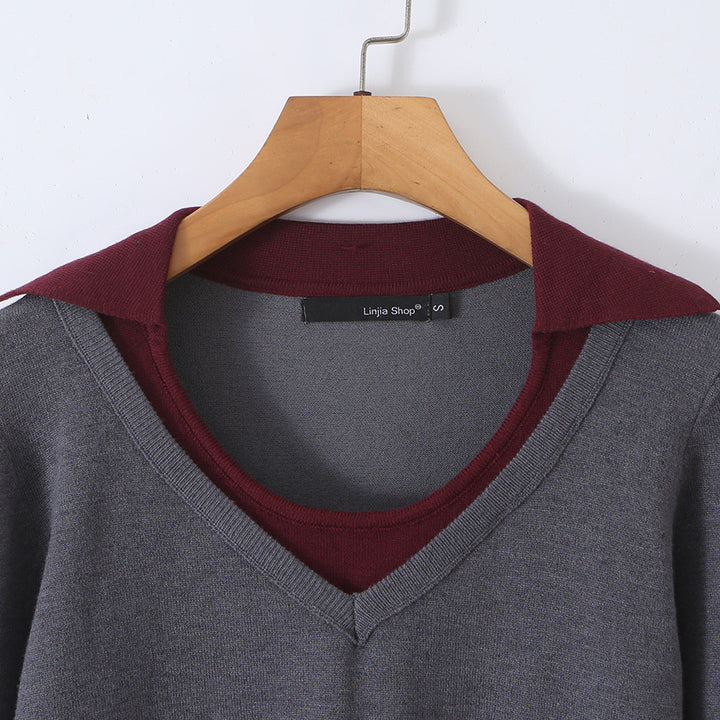 Women’s Two-Piece Fine Knit Set with V-Neck, Contrasting Collar and Pleated Mini Skirt Amarae