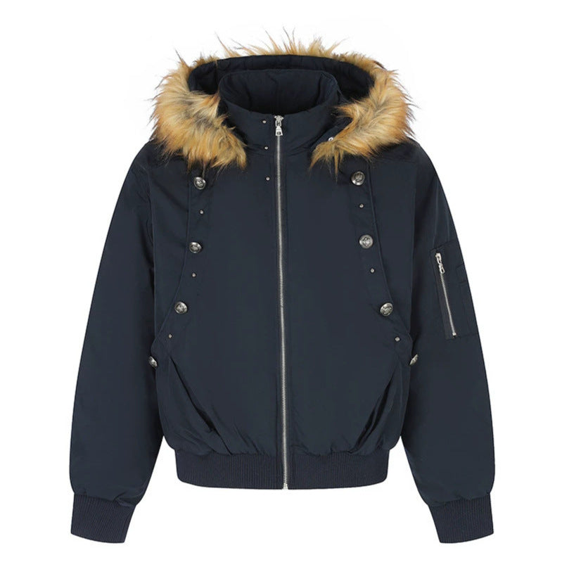 Women's short-cut bomber jacket with faux fur hood and eyelet application Amarae