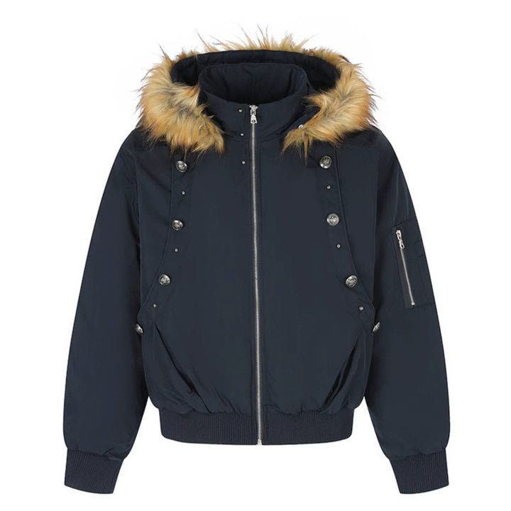 Women's short-cut bomber jacket with faux fur hood and eyelet application Amarae
