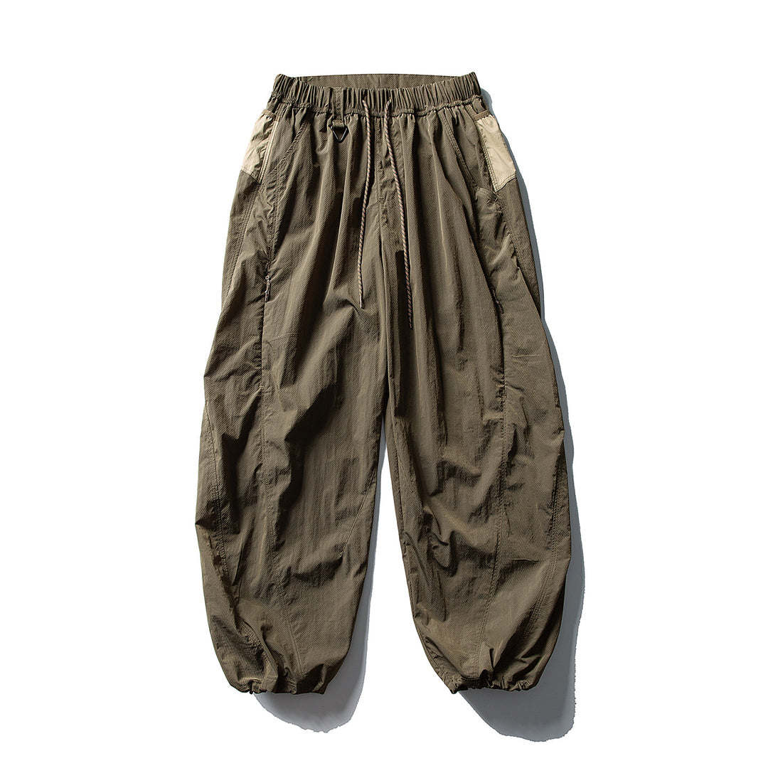 Men's Balloon Silhouette Ripstop Casual Pants with Elastic Drawstring Waistband, Zip Pockets and D-Ring Amarae