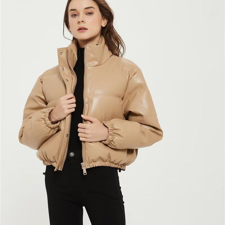 Quilted faux leather jacket for women with a high collar and elastic cuffs Lune London