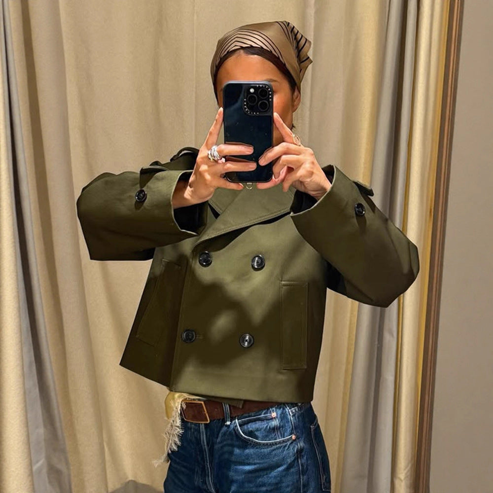 Women's Cropped Double-Breasted Trench Coat with Boxy Silhouette and Patch Pockets Amarae