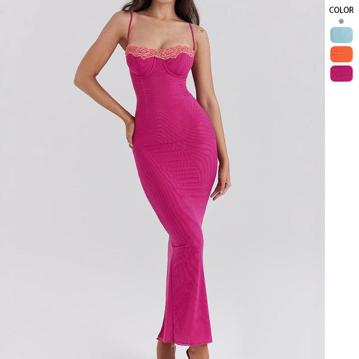 Women's fitted maxi dress with transparent hem and romantic lace accent Lune London