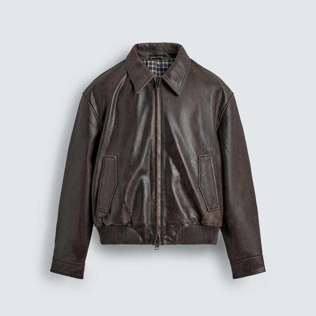 Men's leather jacket in vintage bomber style with plaid lining Amarae