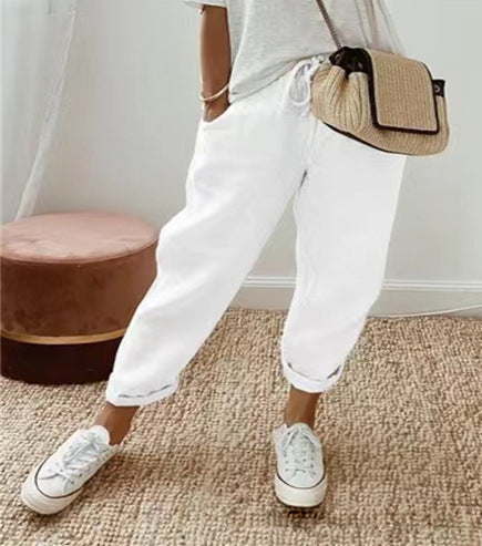 Women's linen jogger pants with drawstring, loose tapered fit and rolled hems Amarae