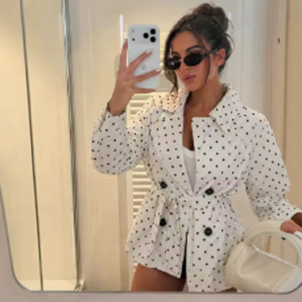 Women’s short trench coat with double breasted front, belt at the waist and polka dot print Amarae