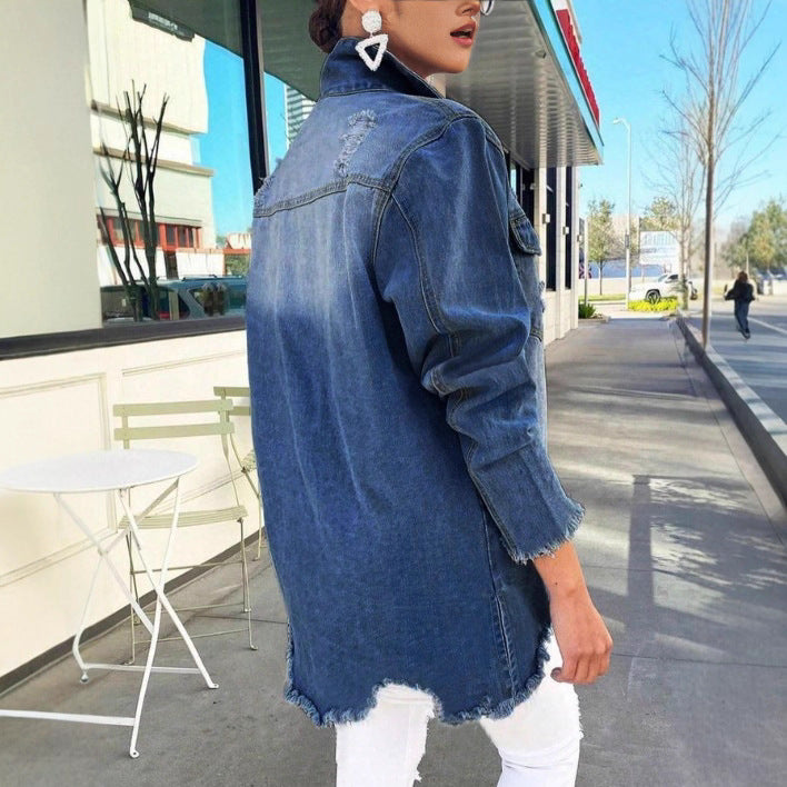 Women's Oversized Denim Jacket with Destroyed Details, Fringed Hem and Concealed Button Placket Amarae