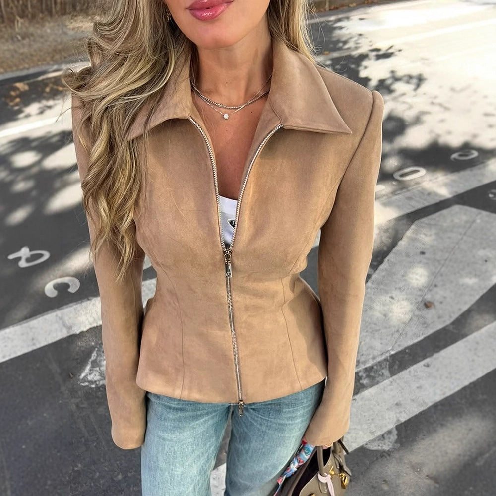 Women's Tailored Suede Look Jacket with Two-Way Zipper Amarae