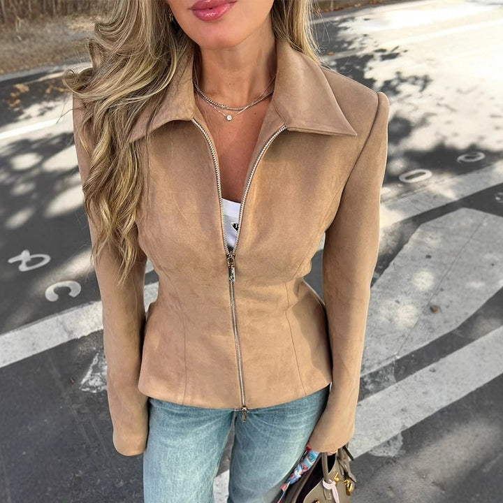 Women's Tailored Suede Look Jacket with Two-Way Zipper Amarae