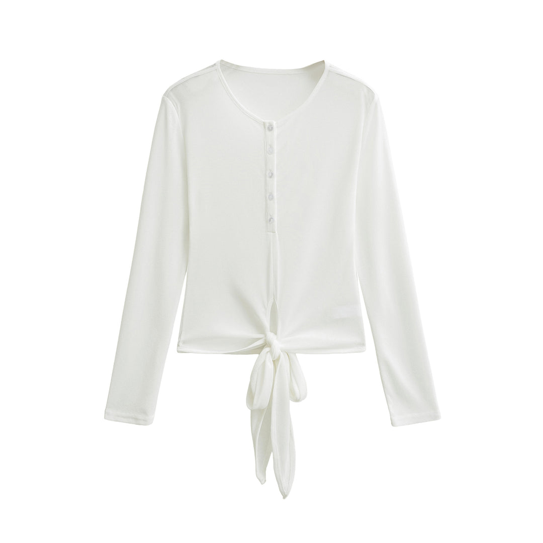 Women’s Long Sleeve Henley Top with Knot Front and Button Placket Amarae