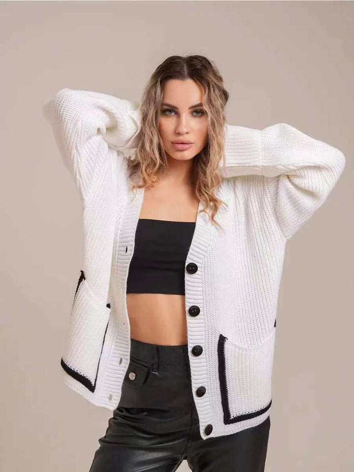 Casual knitted cardigan for women with contrasting pockets and classic button detail Lune London