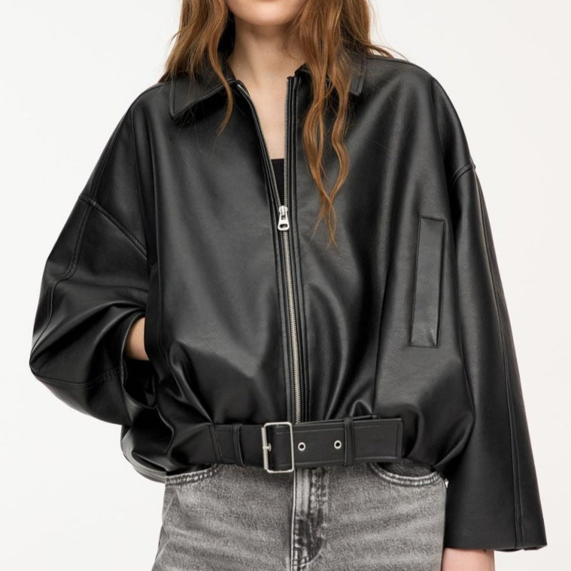 Women Oversized Leatherette Blouson with Waist Belt Amarae