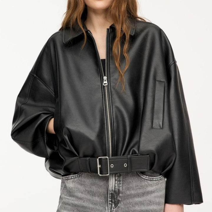 Women Oversized Leatherette Blouson with Waist Belt Amarae