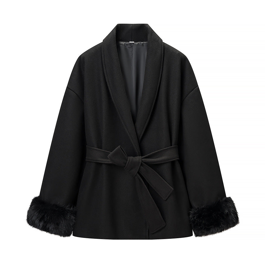 Women's Oversized Wrap Coat with Shawl Collar and Fur Trim on the Sleeves Amarae