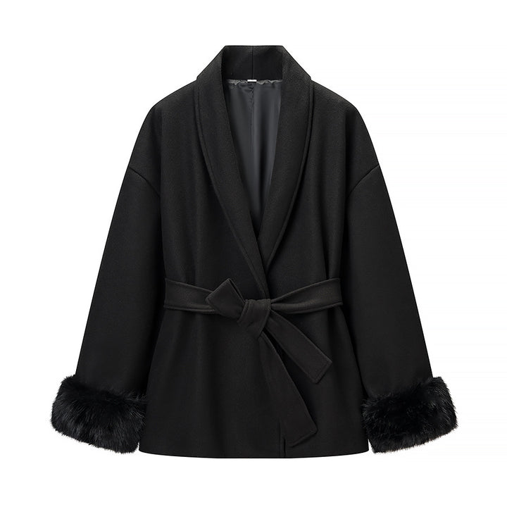 Women's Oversized Wrap Coat with Shawl Collar and Fur Trim on the Sleeves Amarae