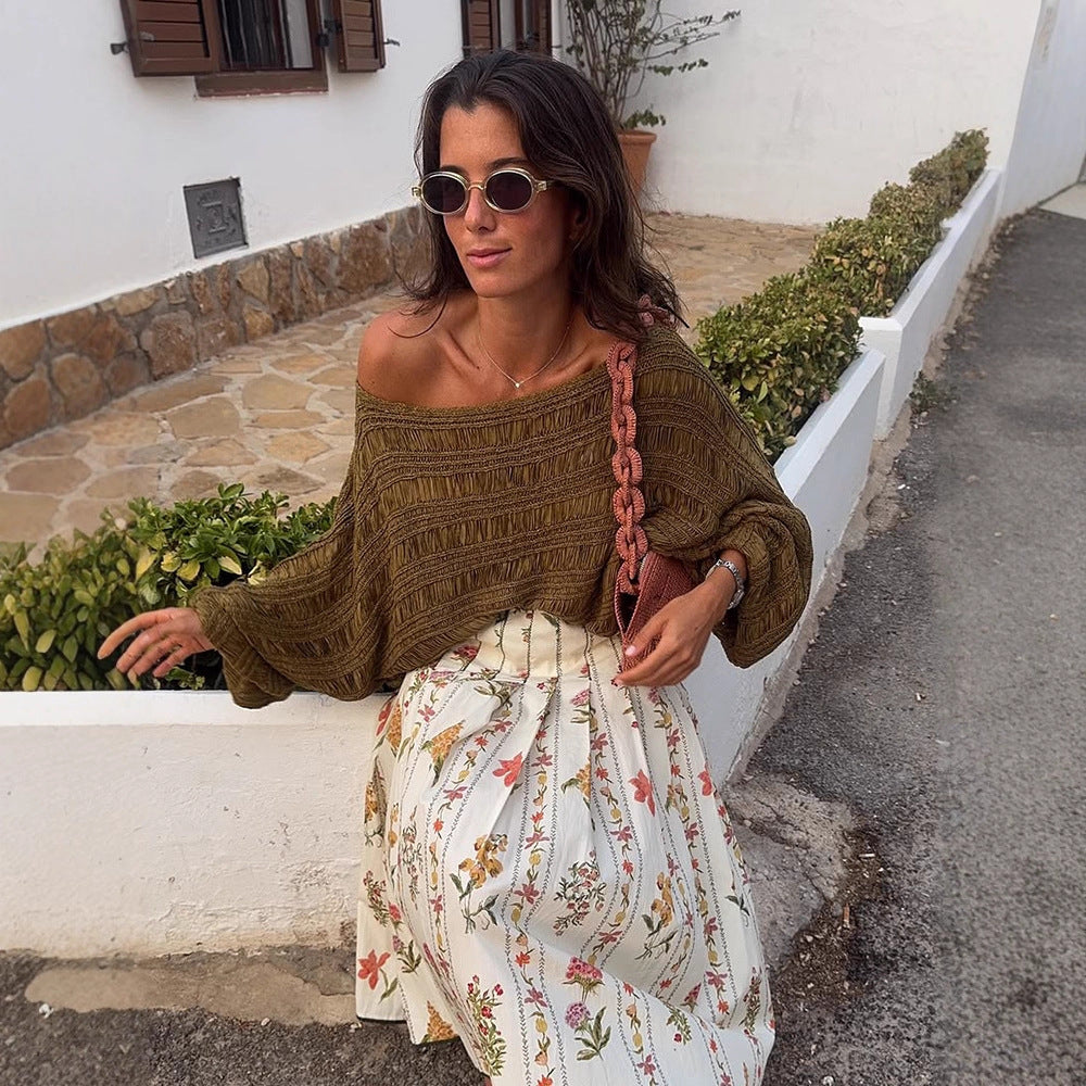 Women Loose Crocheted Poncho Knit Blouse with Wide Boat Neck and Texture Pattern Amarae