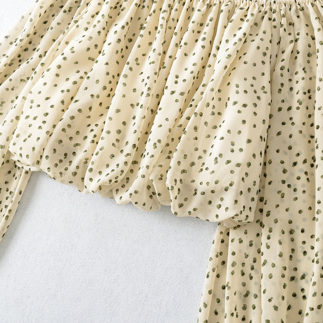 Ladies Carmen Cropped Chiffon Blouse with Elastic, Ruffle Trim and Long Balloon Sleeves Amarae