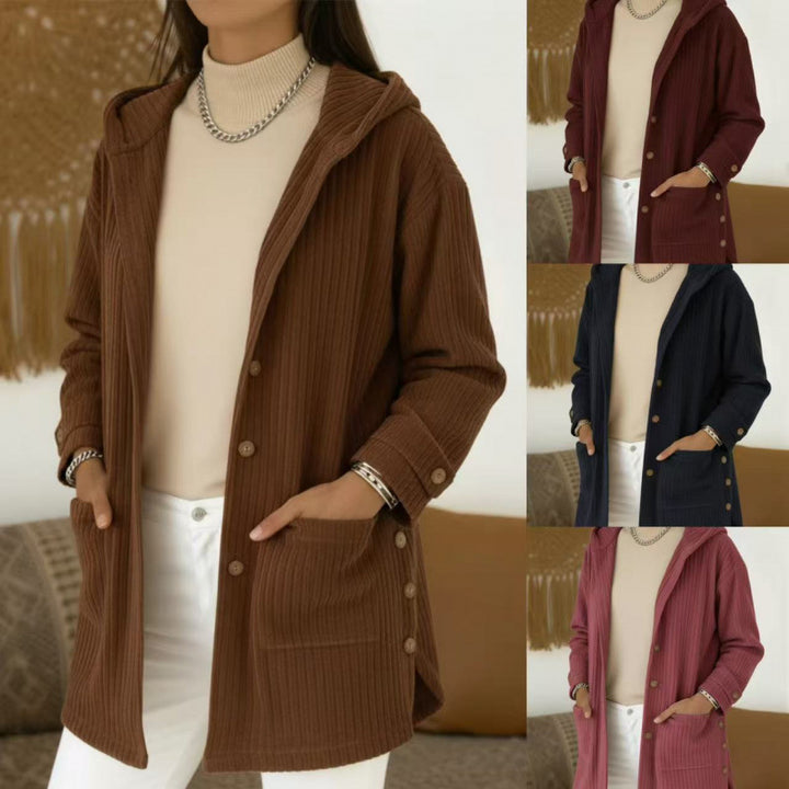 Women's Long Hooded Knitted Cardigan with Ribbed Texture, Button Placket and Side Pockets Amarae