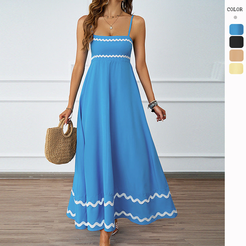 Women Long Maxi Dress with Spaghetti Straps and Decorative Hem Lune London