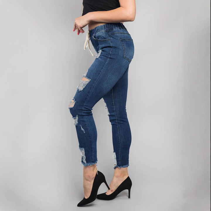 Women High-Waisted Destroyed Jogger Jeans with Elastic Drawstring Waistband and Cropped Frayed Hem Amarae
