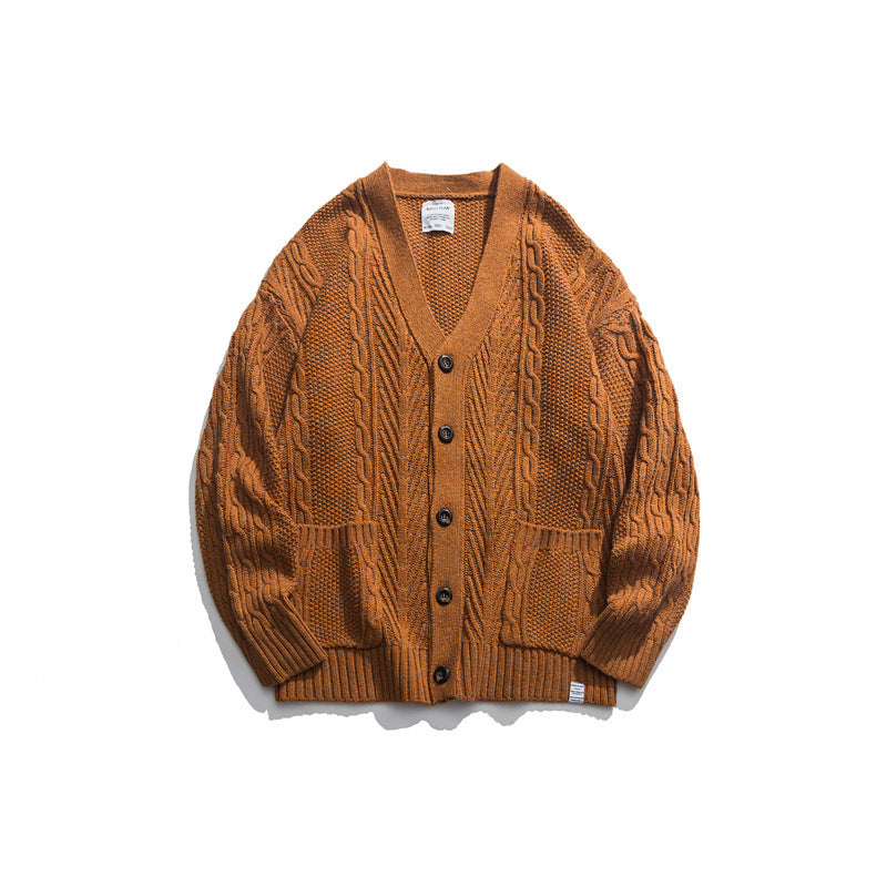 Unisex Oversized Knit Cardigan with Cable Pattern, V-Neck and Patch Pockets Amarae